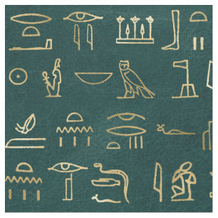 Metallic Gold Egyptian Hieroglyphs on Forest Green Fabric