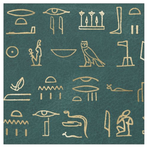 Metallic Gold Egyptian Hieroglyphs on Forest Green Fabric
