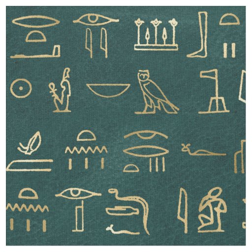 Metallic Gold Egyptian Hieroglyphs on Forest Green Fabric
