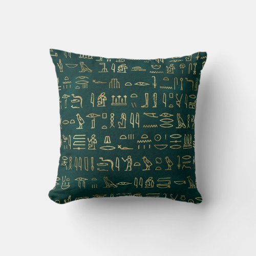 Metallic Gold Egyptian Hieroglyphs on Forest Green Throw Pillow