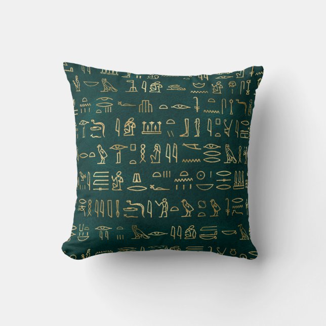 Metallic Gold Egyptian Hieroglyphs on Forest Green Throw Pillow (Front)