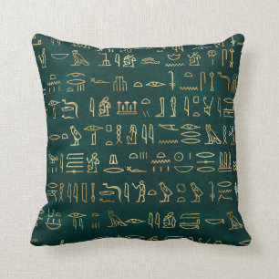 Metallic Gold Egyptian Hieroglyphs on Forest Green Throw Pillow