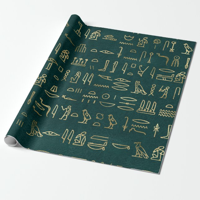 Metallic Gold Egyptian Hieroglyphs on Forest Green Wrapping Paper (Unrolled)