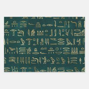 Metallic Gold Egyptian Hieroglyphs on Forest Green Wrapping Paper Sheets