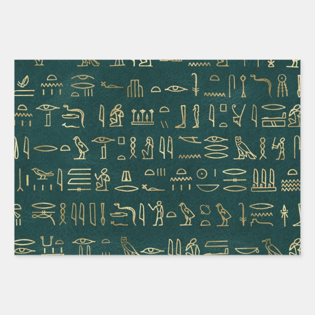 Metallic Gold Egyptian Hieroglyphs on Forest Green Wrapping Paper Sheets (Front)