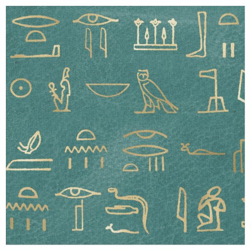 Metallic Gold Egyptian Hieroglyphs on Green Fabric