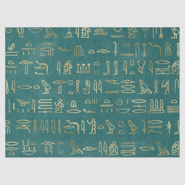 Metallic Gold Egyptian Hieroglyphs on Green Tissue Paper (Front)