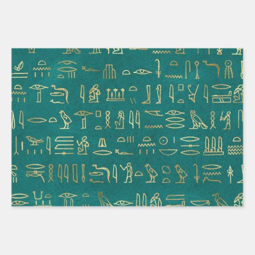 Metallic Gold Egyptian Hieroglyphs on Green Wrapping Paper Sheets
