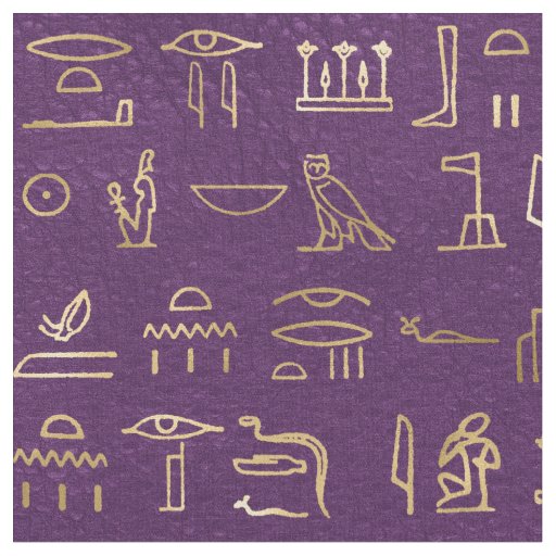 Metallic Gold Egyptian Hieroglyphs on Purple Fabric