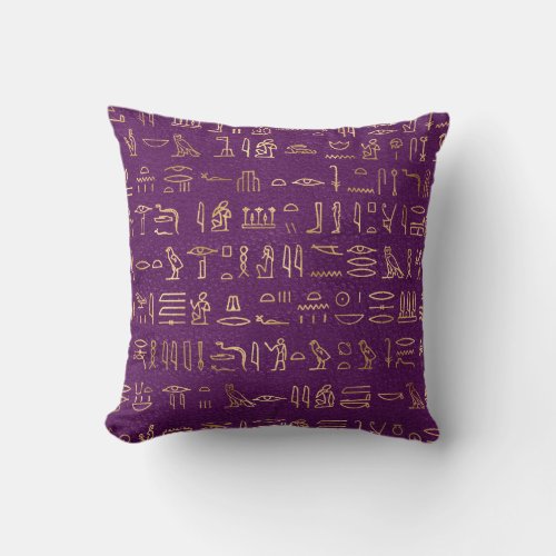 Metallic Gold Egyptian Hieroglyphs on Purple Throw Pillow
