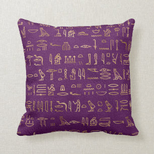 Metallic Gold Egyptian Hieroglyphs on Purple Throw Pillow