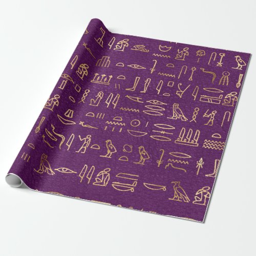 Metallic Gold Egyptian Hieroglyphs on Purple Wrapping Paper