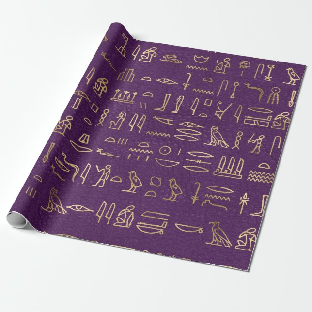 Metallic Gold Egyptian Hieroglyphs on Purple Wrapping Paper (Unrolled)