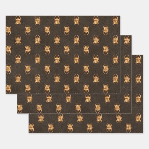 Metallic Gold Egyptian Scarab Beetles on Brown Wrapping Paper Sheets