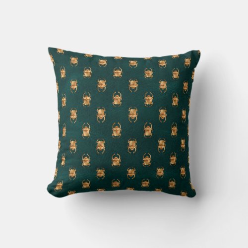 Metallic Gold Egyptian Scarab Beetles on Green Throw Pillow