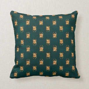 Metallic Gold Egyptian Scarab Beetles on Green Throw Pillow