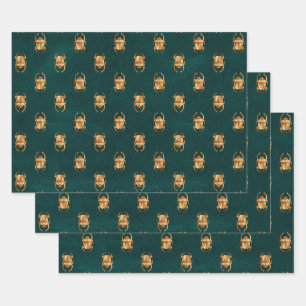 Metallic Gold Egyptian Scarab Beetles on Green Wrapping Paper Sheets