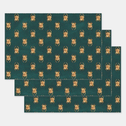 Metallic Gold Egyptian Scarab Beetles on Green Wrapping Paper Sheets