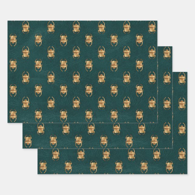Metallic Gold Egyptian Scarab Beetles on Green Wrapping Paper Sheets (Set)