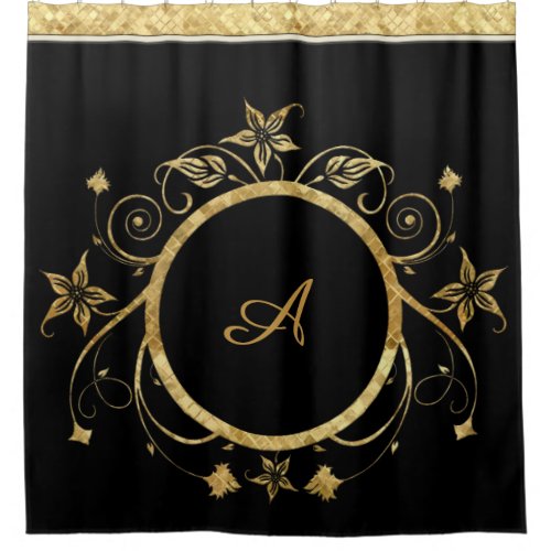 Metallic Gold Facets of Floral Circle on Black Shower Curtain