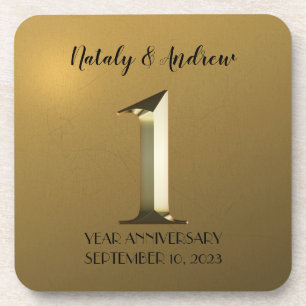 Metallic gold first wedding anniversary beverage coaster