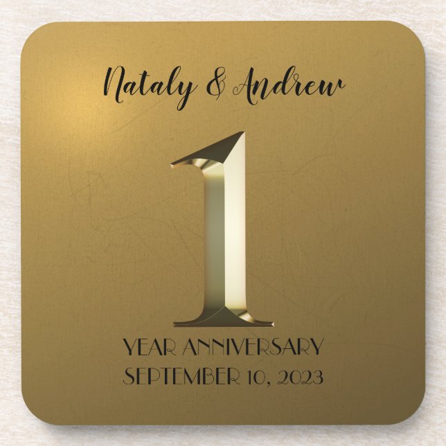 Metallic gold first wedding anniversary beverage coaster (Front)