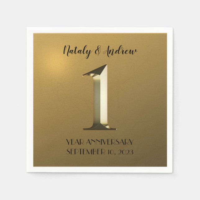 Metallic gold first wedding anniversary napkins (Front)