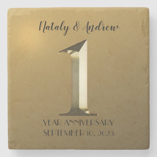 Metallic gold first wedding anniversary stone coaster (Front)
