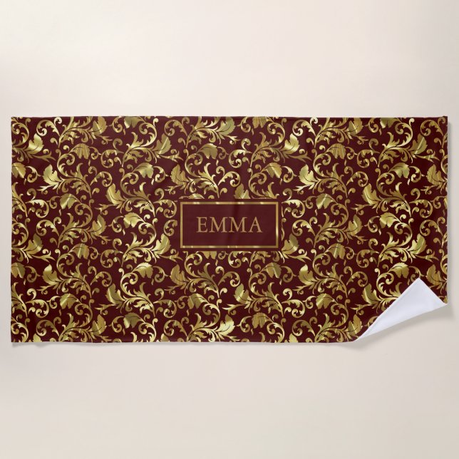 Metallic Gold Floral Damask Pattern Beach Towel (Front)