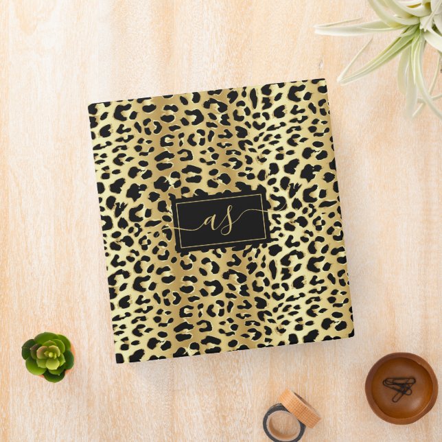 Metallic Gold Foil Black Leopard Print Monogrammed 3 Ring Binder (In Situ)