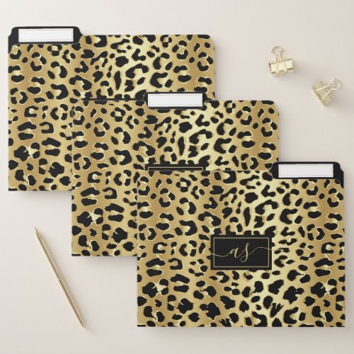 Metallic Gold Foil Black Leopard Print Monogrammed File Folder