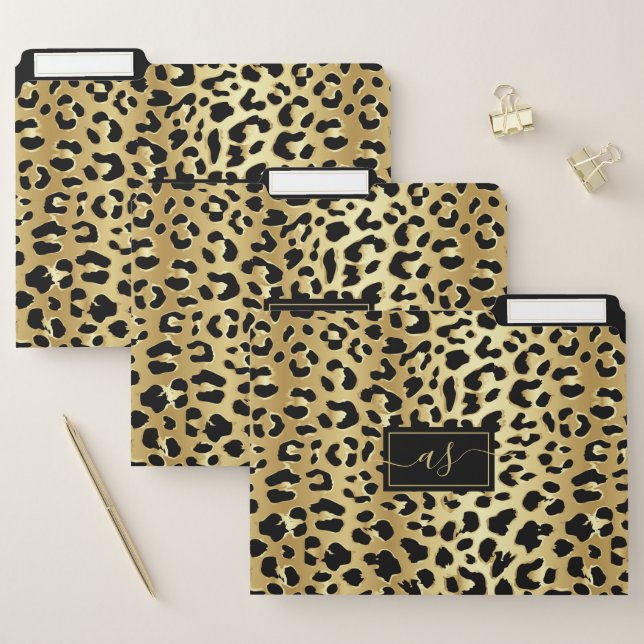 Metallic Gold Foil Black Leopard Print Monogrammed File Folder (Set)