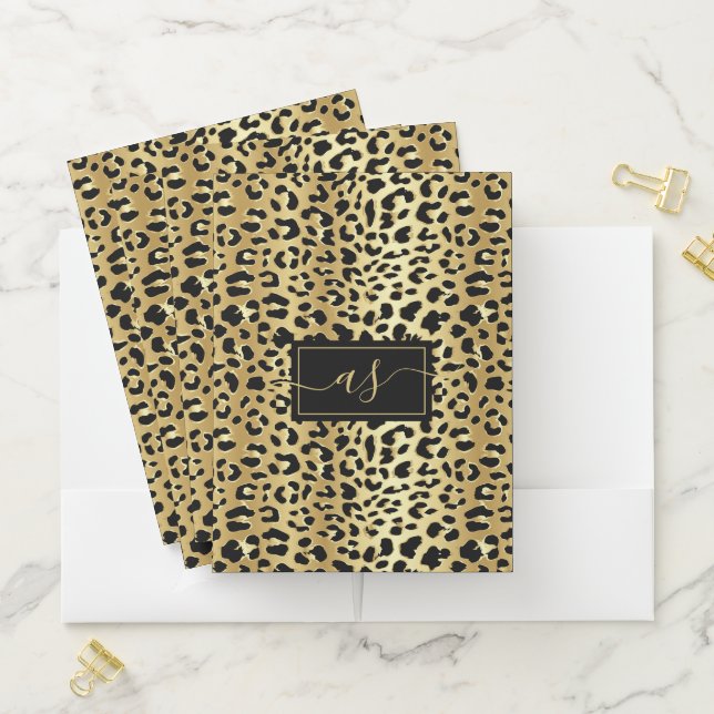 Metallic Gold Foil Black Leopard Print Monogrammed Pocket Folder (In Situ)