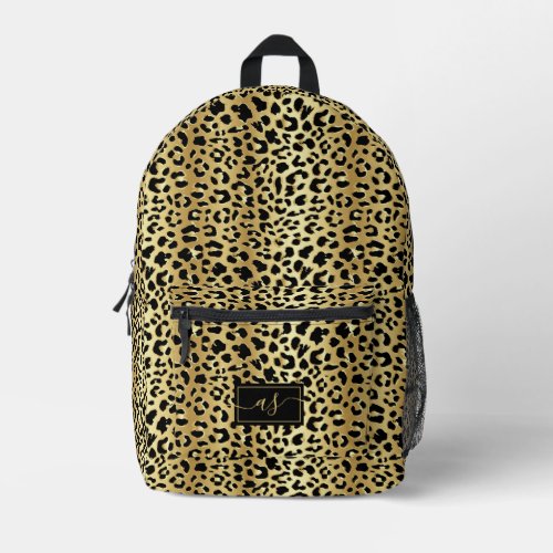 Metallic Gold Foil Black Leopard Print Monogrammed Printed Backpack