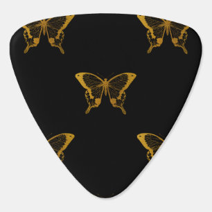 Metallic Gold Foil Butterflies on Black Guitar Pick