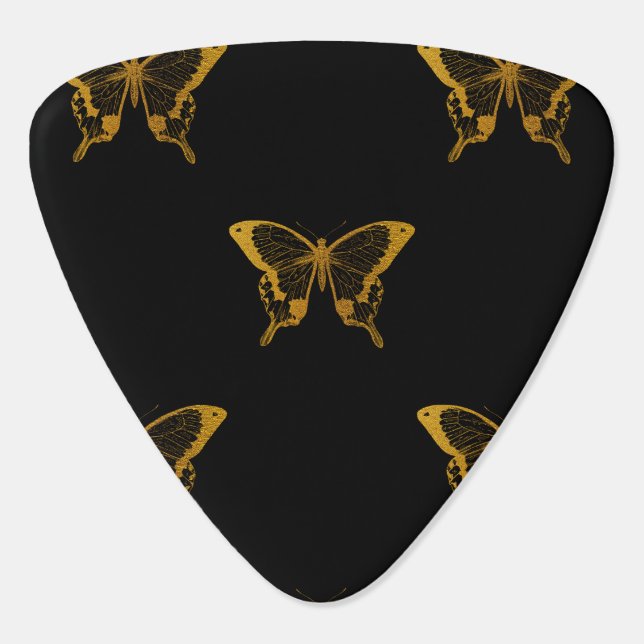 Metallic Gold Foil Butterflies on Black Guitar Pick (Back)