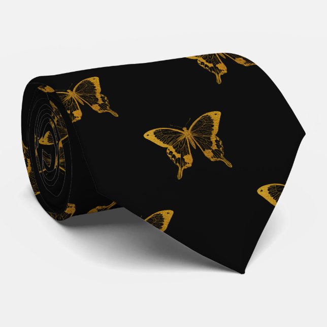 Metallic Gold Foil Butterflies on Black Neck Tie (Rolled)