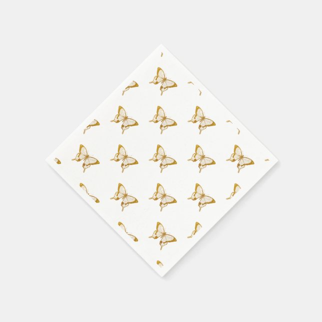 Metallic Gold Foil Butterflies on White Napkins (Corner)