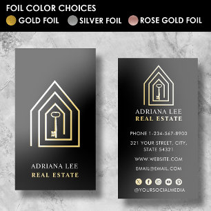 Metallic Gold Foil Key Real Estate Agent Black Business Cards
