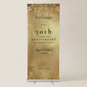 Metallic Gold Foliage 50th Anniversary Party Retractable Banner