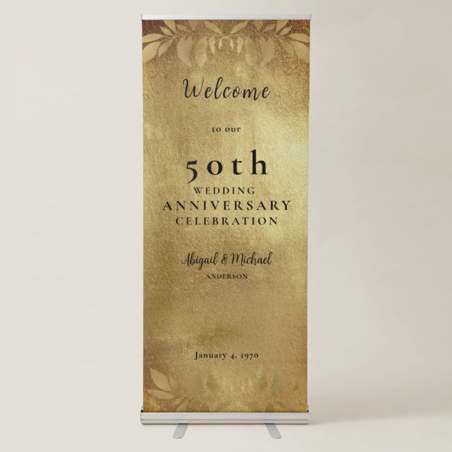 Metallic Gold Foliage 50th Anniversary Party  Retractable Banner (Front)