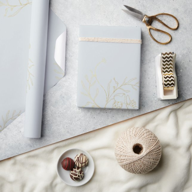 Metallic Gold Foliage & Floral Elegant Dusty Blue Wrapping Paper (Crafts)