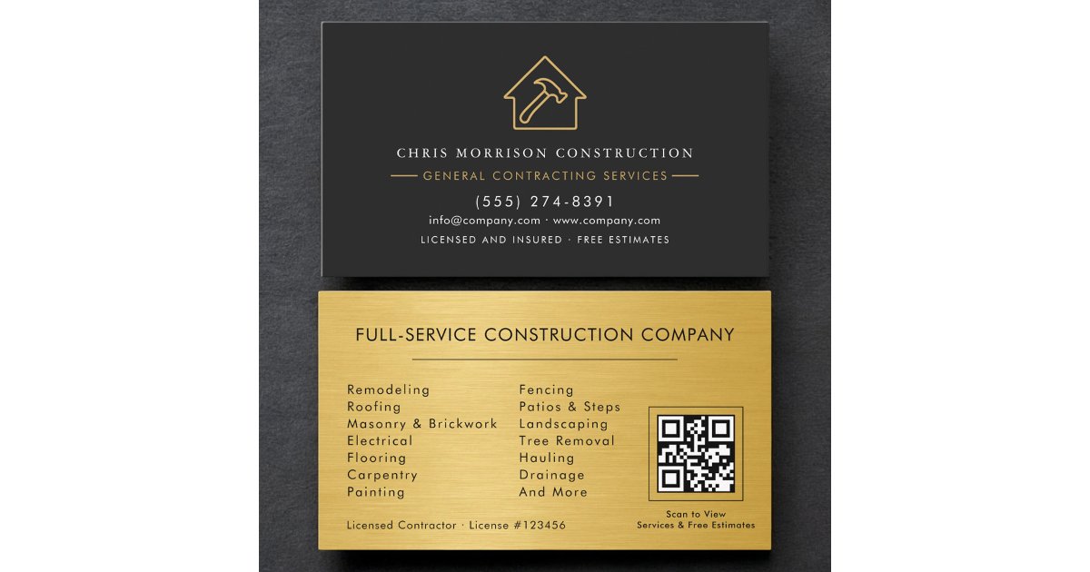 Metallic Gold General Contractor QR Code Business Card | Zazzle
