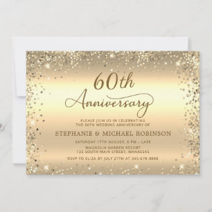  Metallic Gold Glitter 60th Wedding Anniversary Invitation