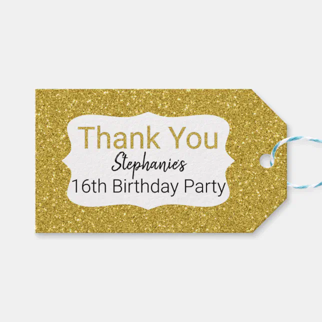 Metallic Gold Glitter Birthday Thank You Gift Tags | Zazzle