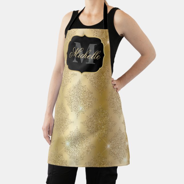Metallic Gold & Glitter Glam Filigree Monogram Apron (Insitu)