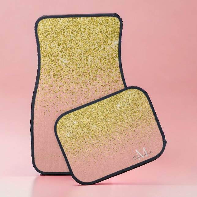 Metallic Gold Glitter Rain + Rose Quartz Monogram Car Floor Mat (Creator Uploaded)