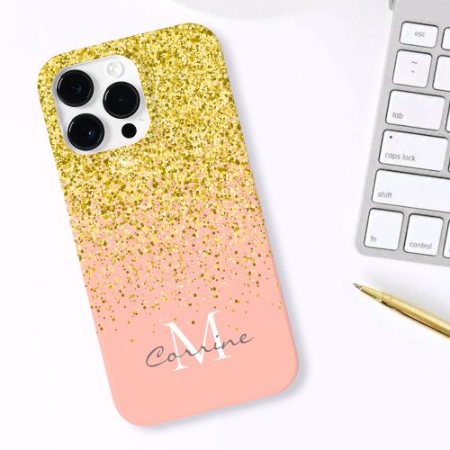 Metallic Gold Glitter Rain  Rose Quartz Monogram Case_Mate iPhone 14 Pro Max Case