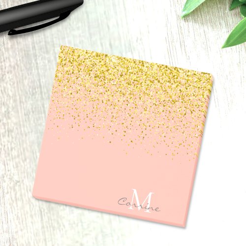 Metallic Gold Glitter Rain  Rose Quartz Monogram Post_it Notes
