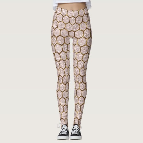 Metallic Gold Glitter Sequins Hexagon Honeycomb Leggings